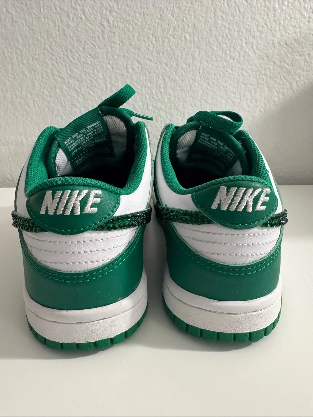 Kids Green & White Sneakers with Sparkle Swoosh Nike Dunks